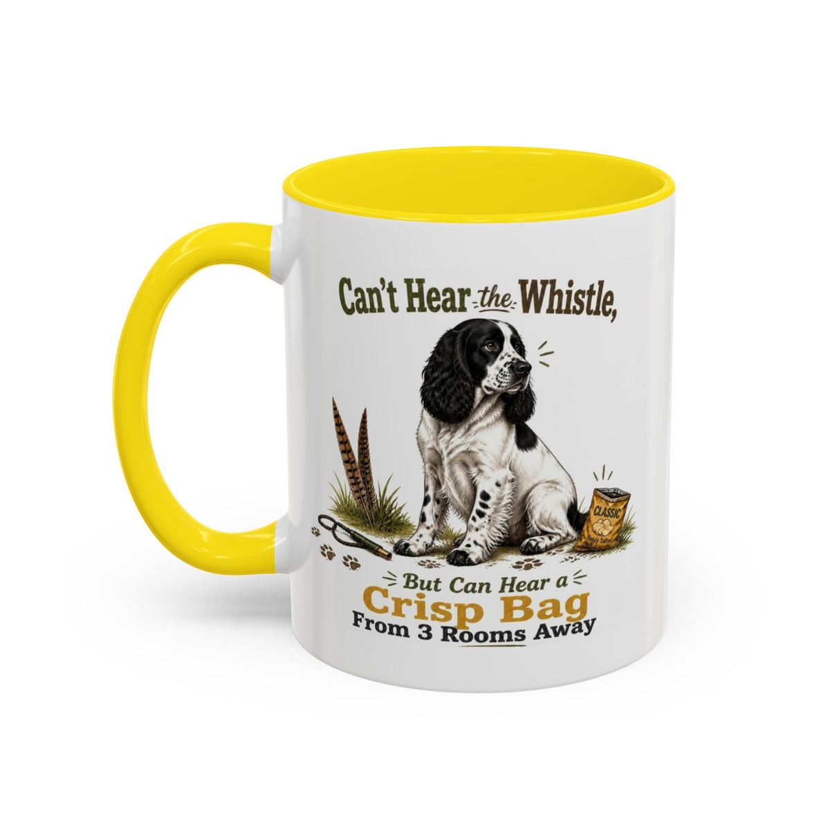 Funny Black and White Springer Spaniel Mug - Can't Hear the Whistle But Can Hear a Crisp Bag, Working Gun Dog Gift, Greedy Dog Mug, 11oz
