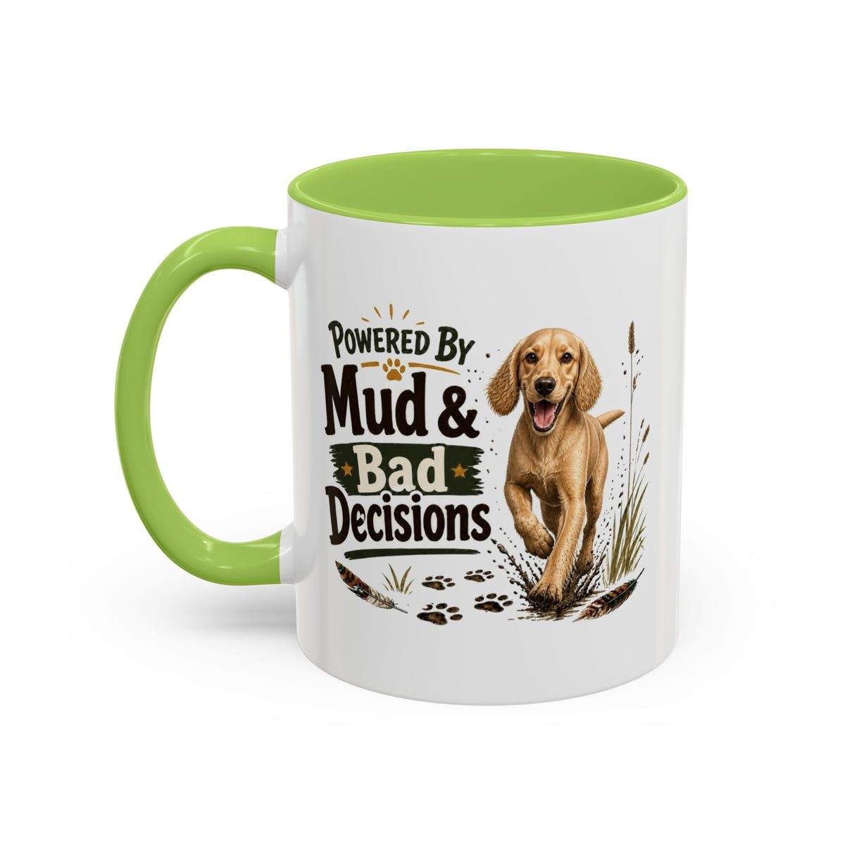 Funny Golden Cocker Spaniel Mug - Powered By Mud & Bad Decisions, Muddy Dog Owner Gift, Gundog Lover Coffee Mug, 11oz