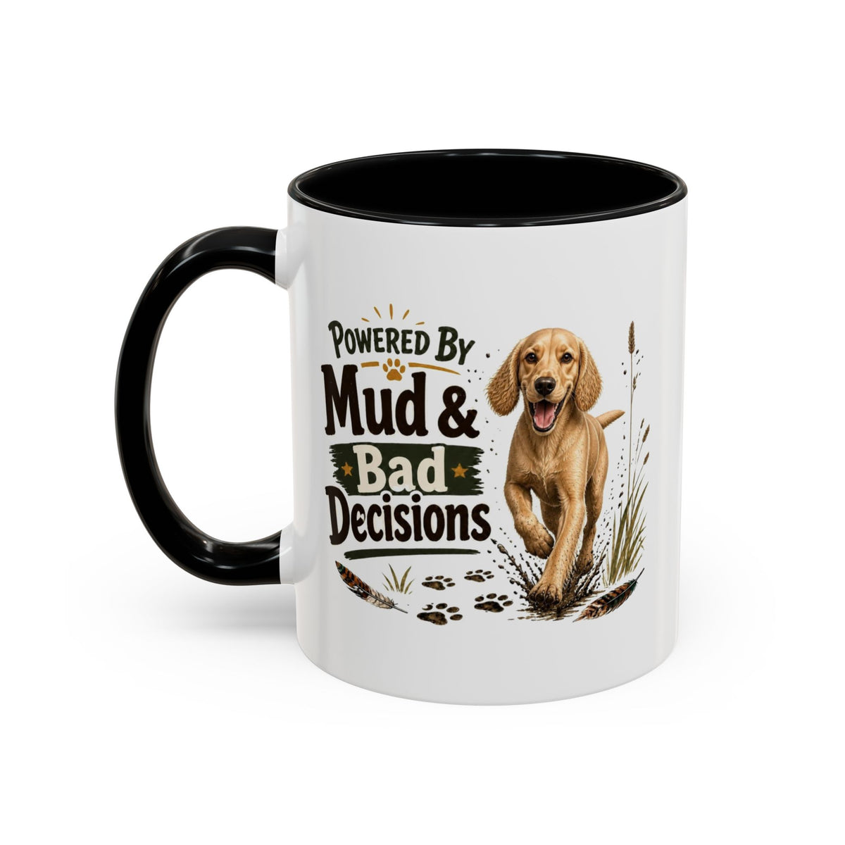 Funny Golden Cocker Spaniel Mug - Powered By Mud & Bad Decisions, Muddy Dog Owner Gift, Gundog Lover Coffee Mug, 11oz