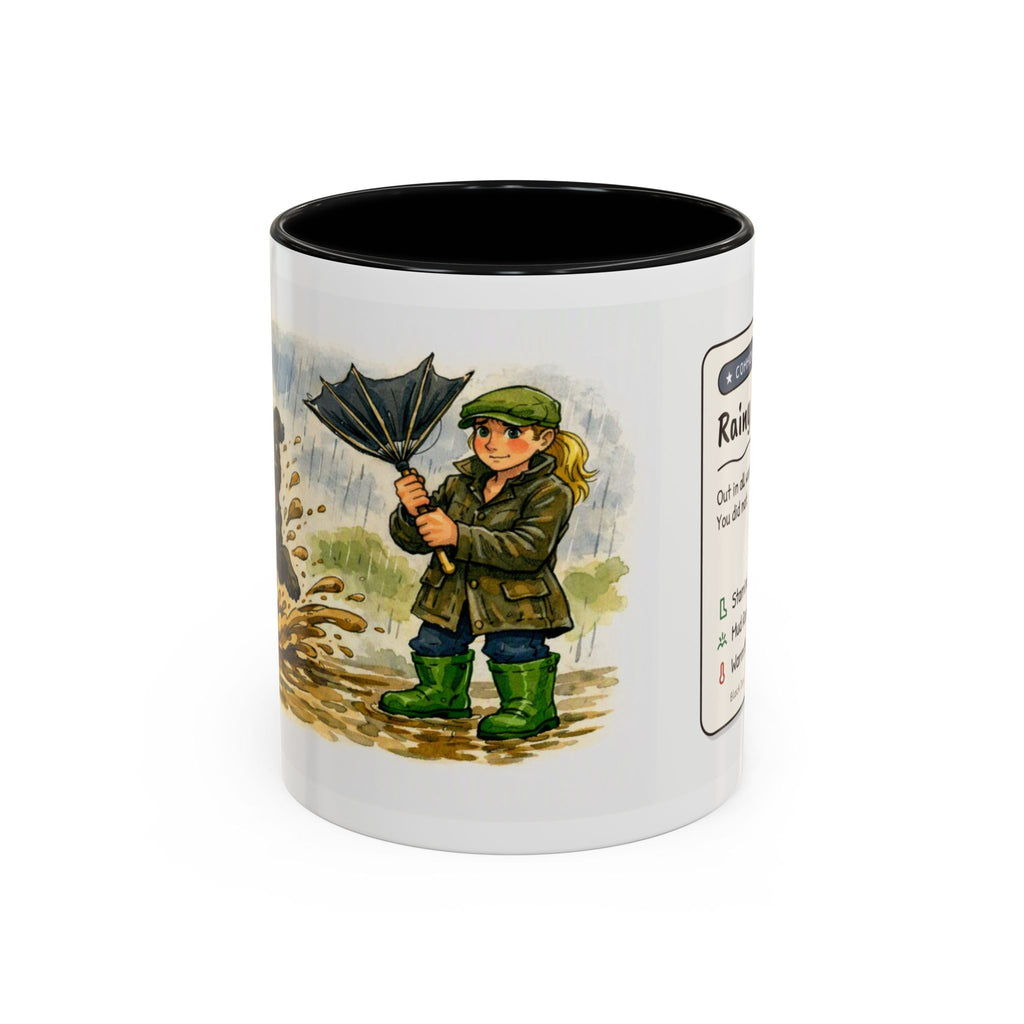 Rainy Walk Tea mug, woman with black dog on a muddy rainy walk – view 1
