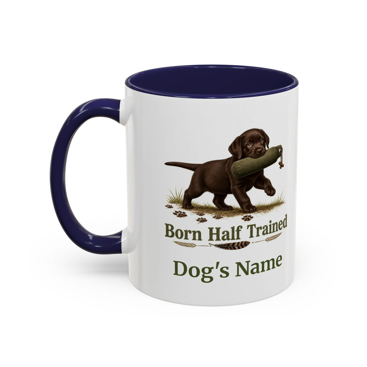 Personalised Chocolate Labrador Puppy Mug - Born Half Trained - Custom Dog Name, Training Dummy Gun Dog Gift, 11oz