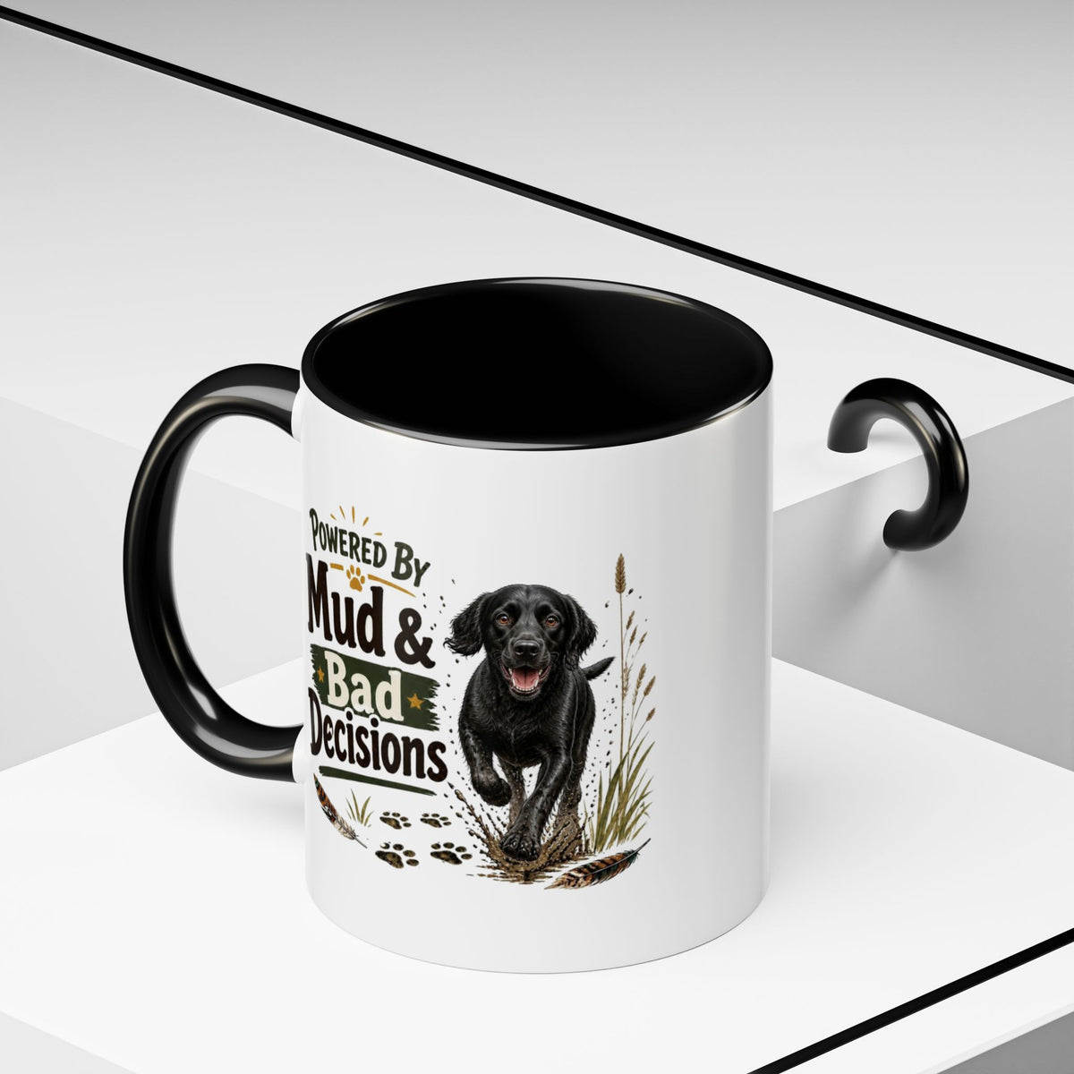Funny Black Cocker Spaniel Mug - Powered By Mud & Bad Decisions, Muddy Dog Owner Gift, Gundog Lover Coffee Mug, 11oz