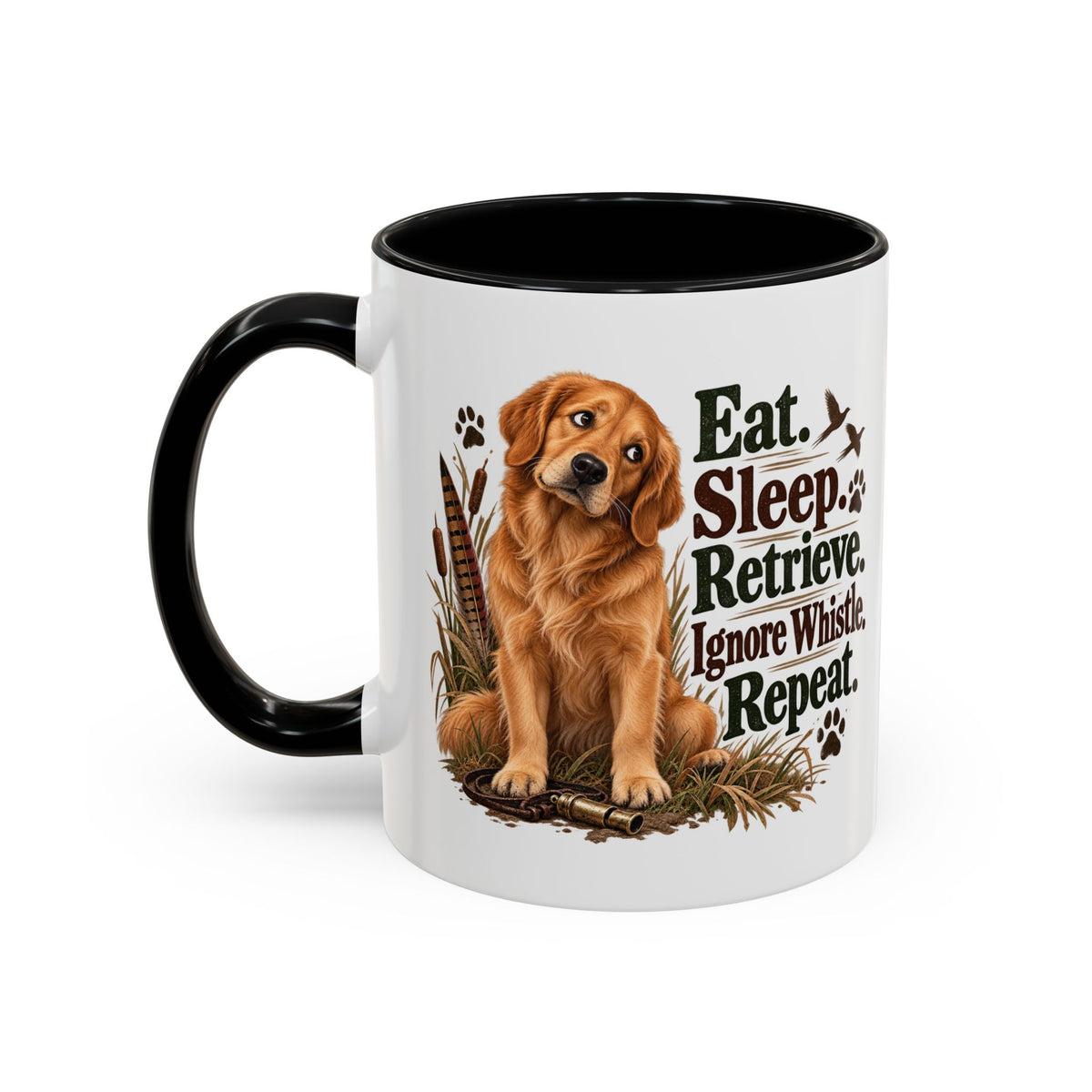 Funny Golden Retriever Mug - Eat Sleep Retrieve Ignore Whistle Repeat, Gundog Owner Gift, Shooting Dog Lover Coffee Mug, 11oz