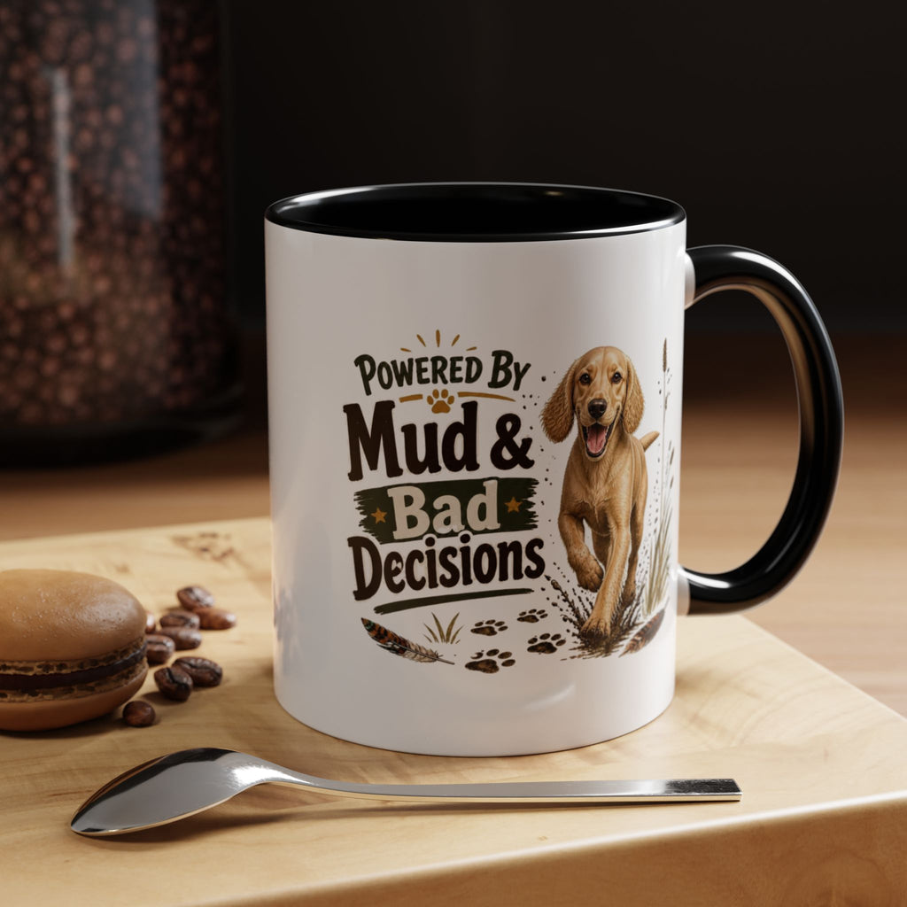 Funny Golden Cocker Spaniel Mug - Powered By Mud & Bad Decisions, Muddy Dog Owner Gift, Gundog Lover Coffee Mug, 11oz