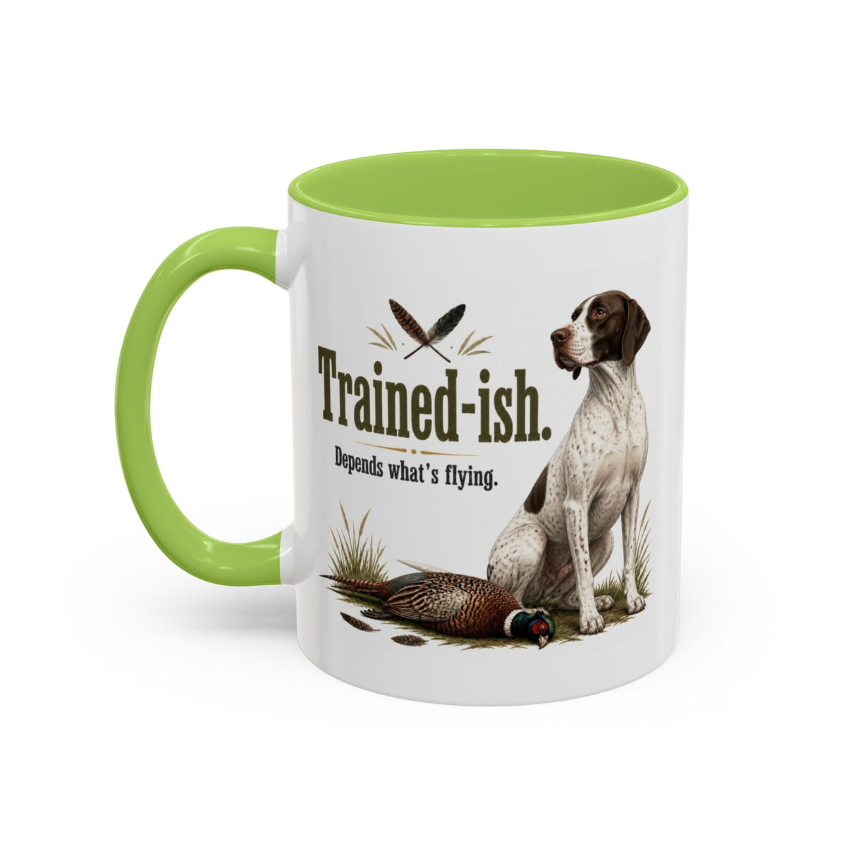 Funny English Pointer Mug - Trained-ish Depends What's Flying, Working Gun Dog Gift, Pheasant Shooting Mug, 11oz