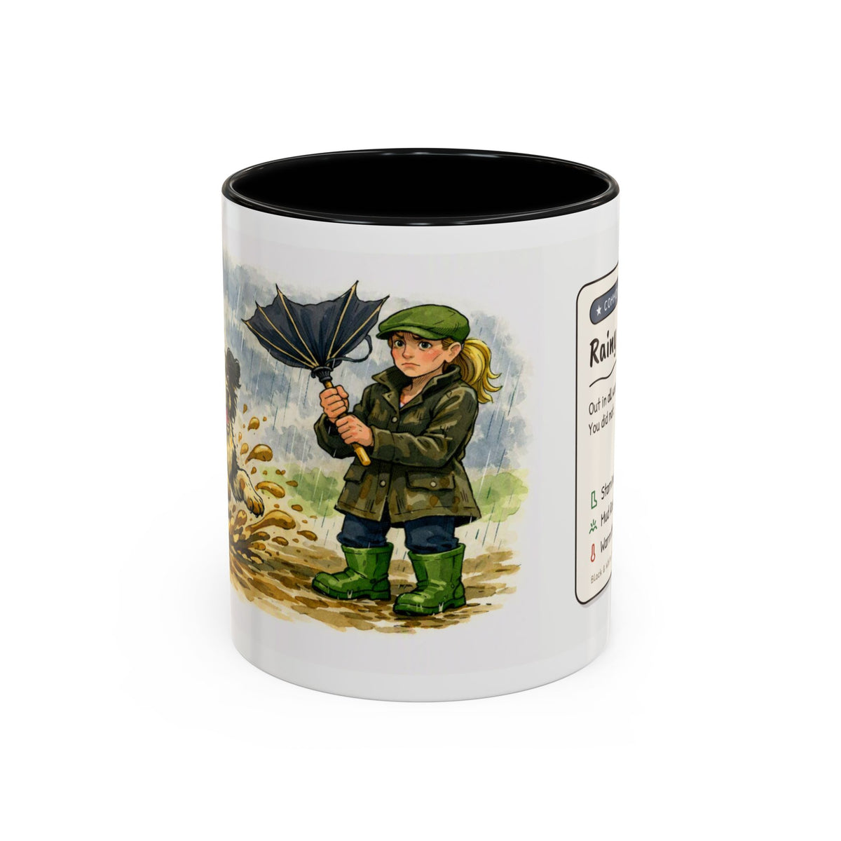 Rainy Walk Tea mug, woman in wellies with black and white dog – view 1