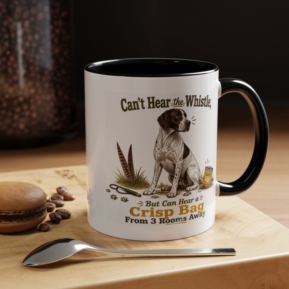 Funny English Pointer Mug - Can't Hear the Whistle But Can Hear a Crisp Bag, Working Gun Dog Gift, Greedy Dog Mug, 11oz