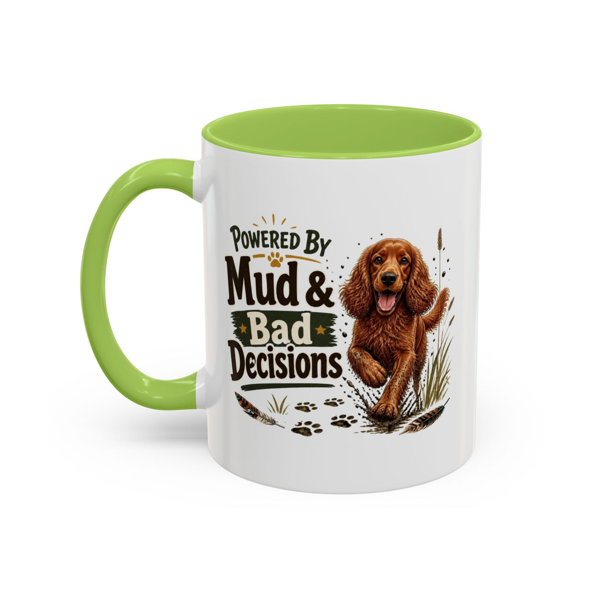 Funny Red Cocker Spaniel Mug - Powered By Mud & Bad Decisions, Muddy Dog Owner Gift, Gundog Lover Coffee Mug, 11oz