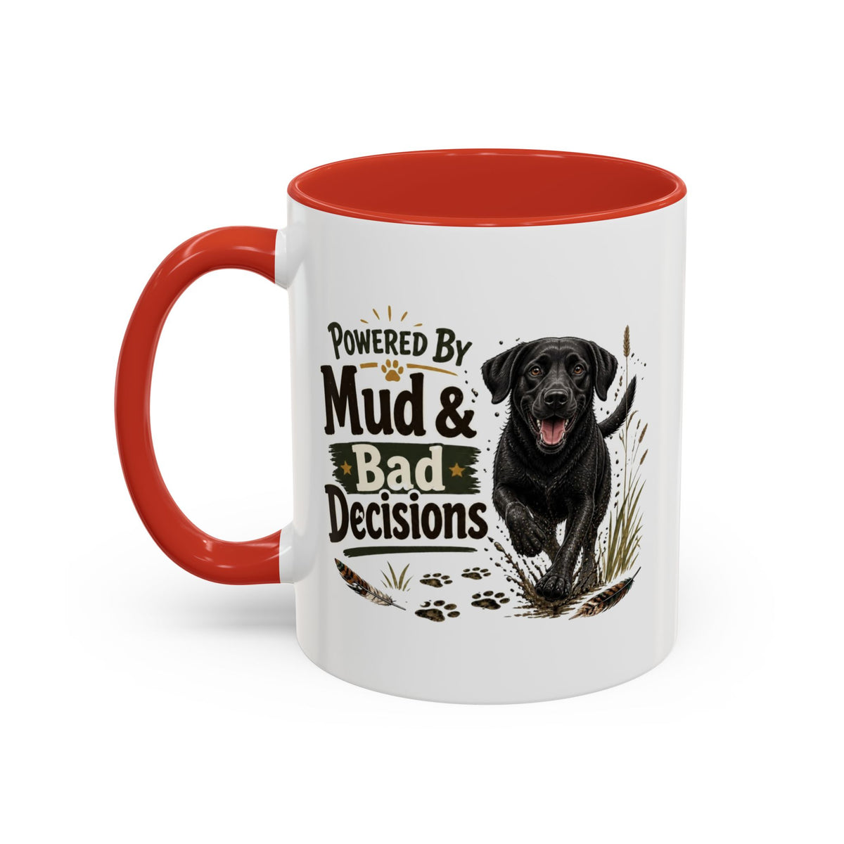 Funny Black Labrador Mug - Powered By Mud & Bad Decisions, Muddy Dog Owner Gift, Gundog Lover Coffee Mug, 11oz