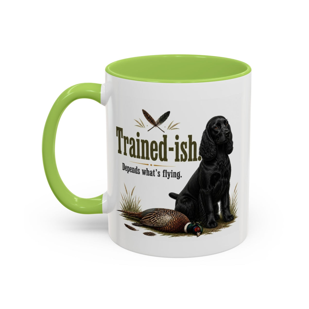 Funny Black Cocker Spaniel Mug - Trained-ish Depends What's Flying, Working Gun Dog Gift, Pheasant Shooting Mug, 11oz