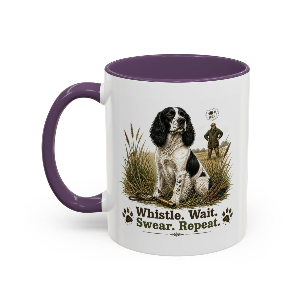 Funny Black and White Springer Spaniel Mug - Whistle. Wait. Swear. Repeat. Working Gun Dog Gift, Dog Training Mug, 11oz