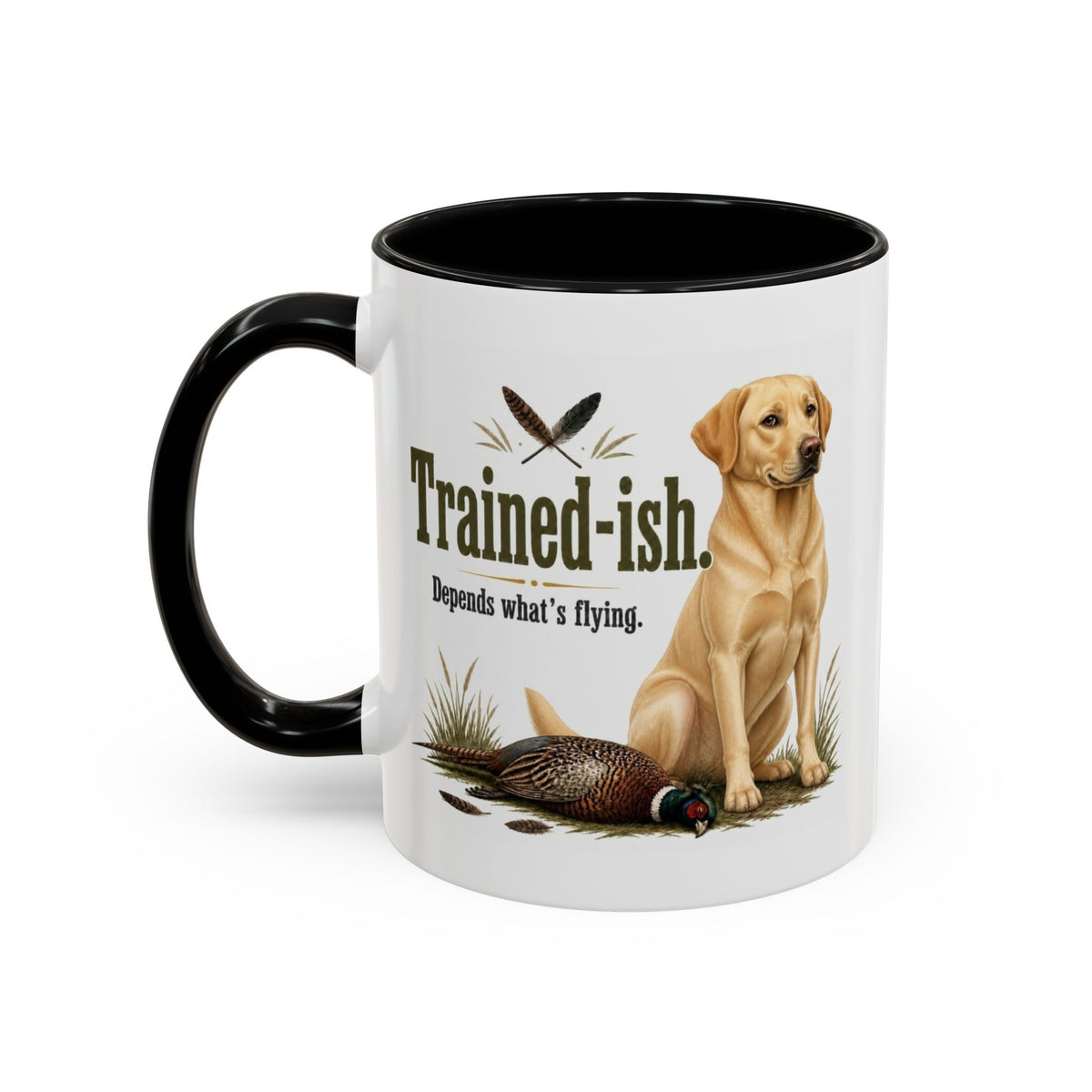 Funny Yellow Labrador Mug - Trained-ish Depends What's Flying, Working Gun Dog Gift, Pheasant Shooting Mug, 11oz