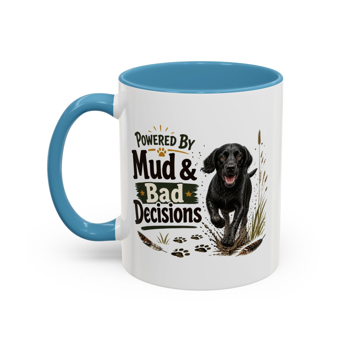 Funny Black Cocker Spaniel Mug - Powered By Mud & Bad Decisions, Muddy Dog Owner Gift, Gundog Lover Coffee Mug, 11oz