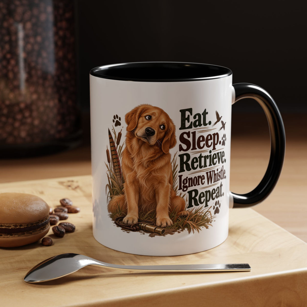 Funny Golden Retriever Mug - Eat Sleep Retrieve Ignore Whistle Repeat, Gundog Owner Gift, Shooting Dog Lover Coffee Mug, 11oz