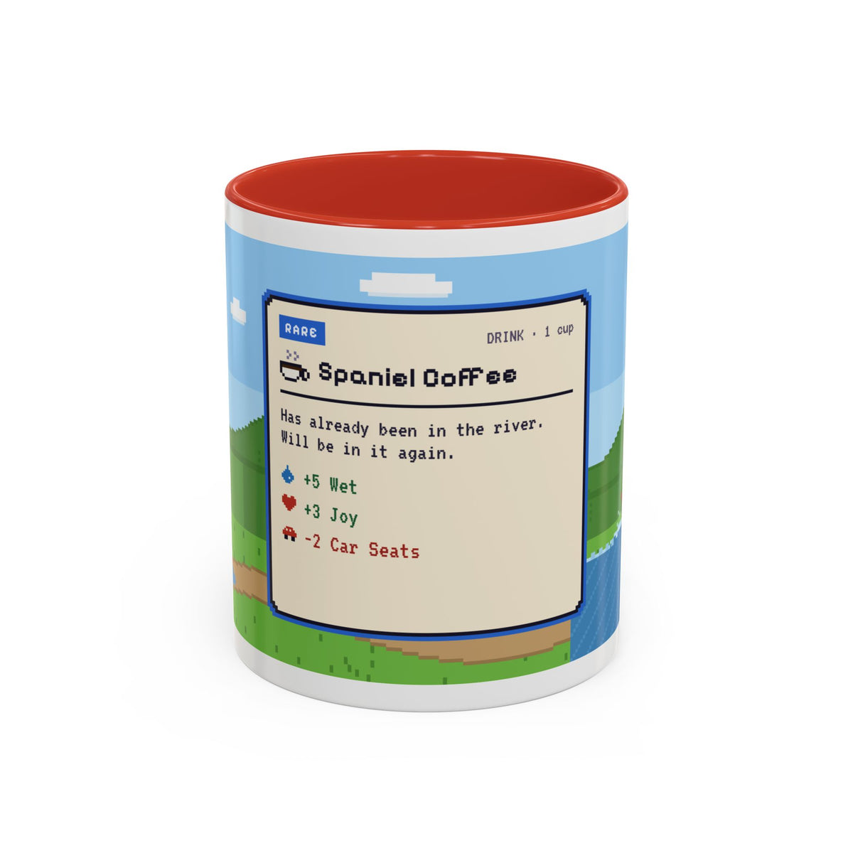 Spaniel Coffee pixel art mug with spaniel paddling in water – view 3