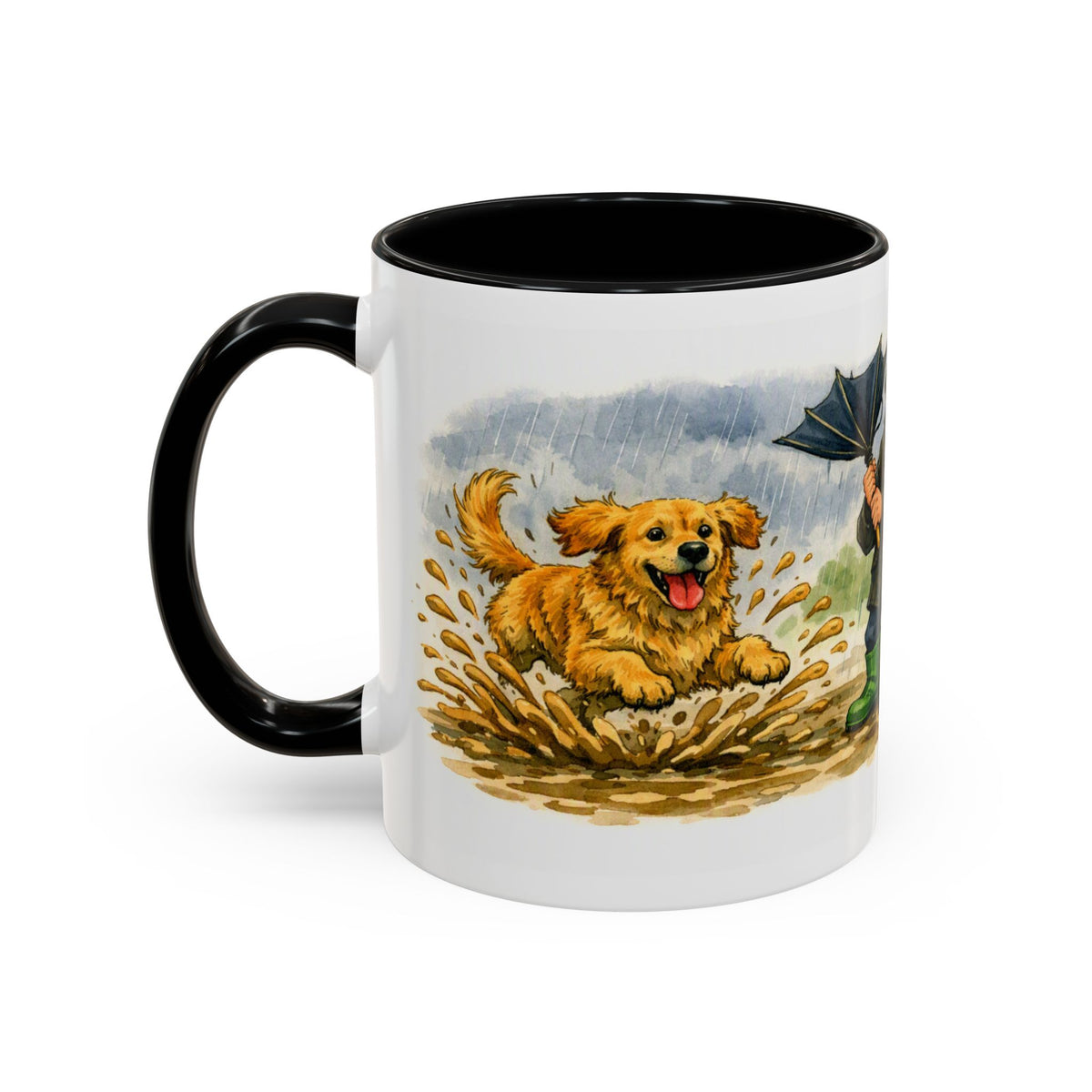 Rainy Walk Tea mug, man with golden dog on a muddy rainy walk – view 6