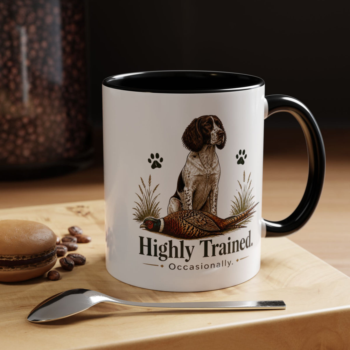 Funny Liver and White Springer Spaniel Mug - Highly Trained Occasionally, Gundog Owner Gift, Shooting Dog Lover Coffee Mug, 11oz