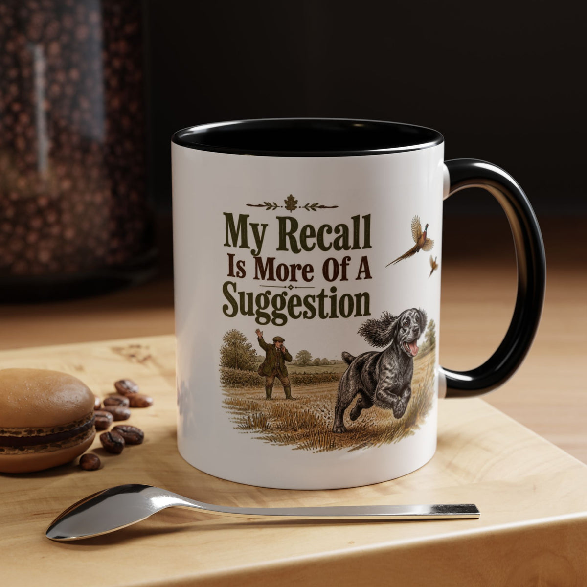 Funny Blue Roan Cocker Spaniel Mug - My Recall Is More Of A Suggestion, Working Gun Dog Gift, Pheasant Shooting Mug, 11oz
