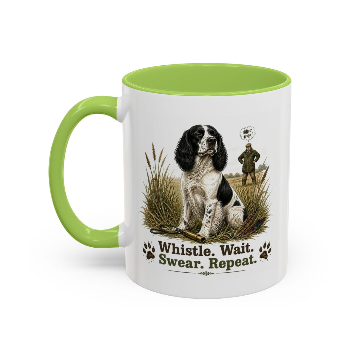 Funny Black and White Springer Spaniel Mug - Whistle. Wait. Swear. Repeat. Working Gun Dog Gift, Dog Training Mug, 11oz