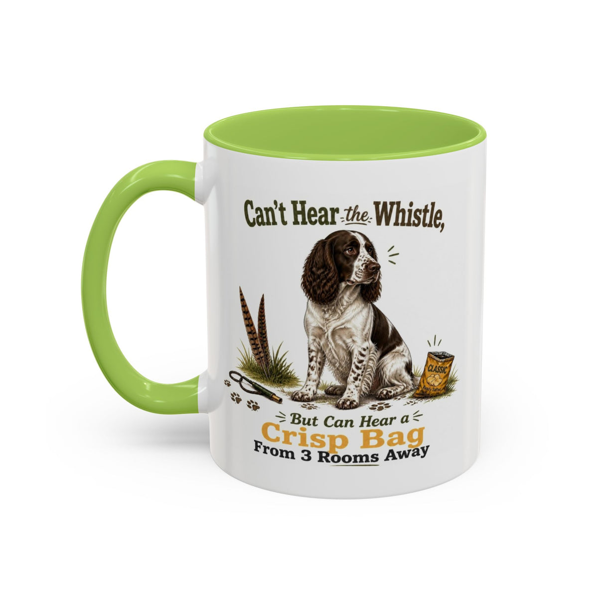 Funny Liver and White Springer Spaniel Mug - Can't Hear the Whistle But Can Hear a Crisp Bag, Working Gun Dog Gift, Greedy Dog Mug, 11oz