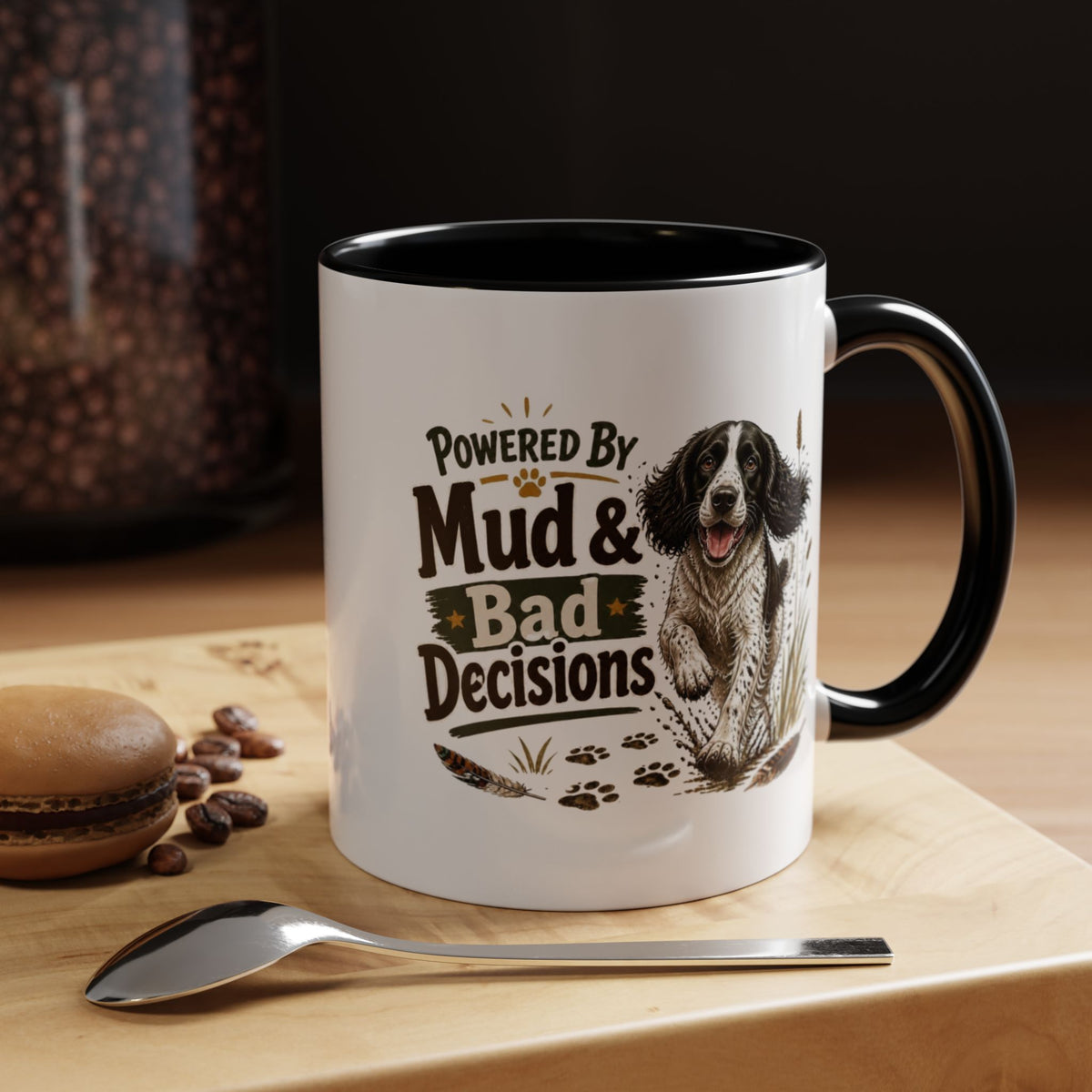 Funny Black and White Springer Spaniel Mug - Powered By Mud & Bad Decisions, Muddy Dog Owner Gift, Gundog Lover Coffee Mug, 11oz