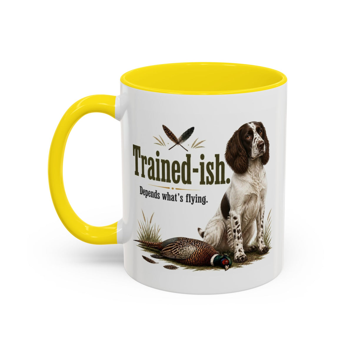 Funny Liver and White Springer Spaniel Mug - Trained-ish Depends What's Flying, Working Gun Dog Gift, Pheasant Shooting Mug, 11oz