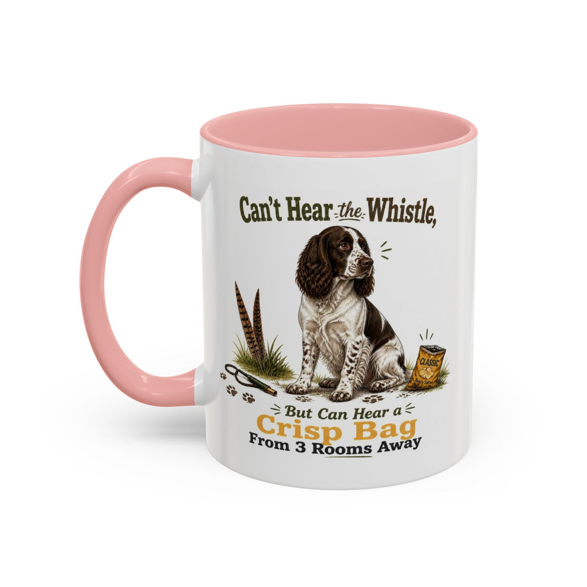 Funny Liver and White Springer Spaniel Mug - Can't Hear the Whistle But Can Hear a Crisp Bag, Working Gun Dog Gift, Greedy Dog Mug, 11oz