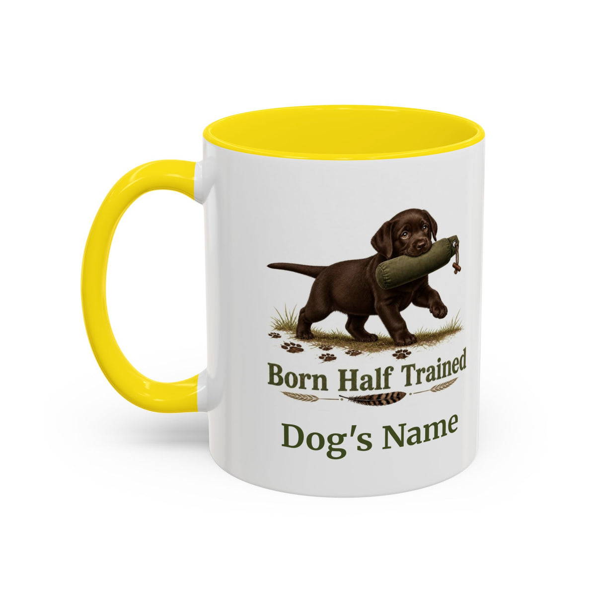 Personalised Chocolate Labrador Puppy Mug - Born Half Trained - Custom Dog Name, Training Dummy Gun Dog Gift, 11oz