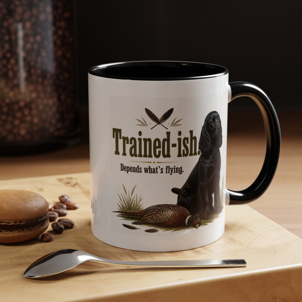Funny Black Cocker Spaniel Mug - Trained-ish Depends What's Flying, Working Gun Dog Gift, Pheasant Shooting Mug, 11oz
