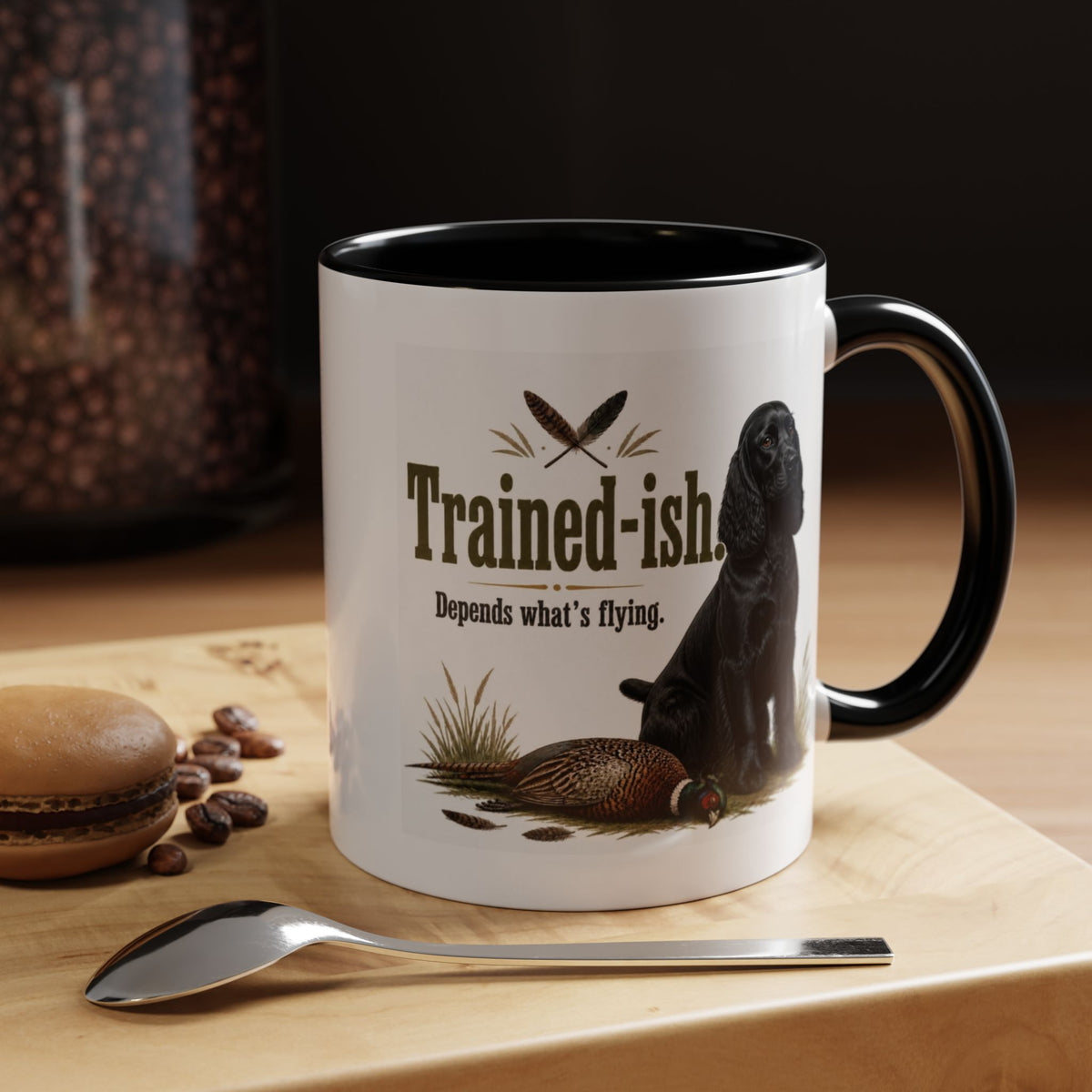 Funny Black Cocker Spaniel Mug - Trained-ish Depends What's Flying, Working Gun Dog Gift, Pheasant Shooting Mug, 11oz