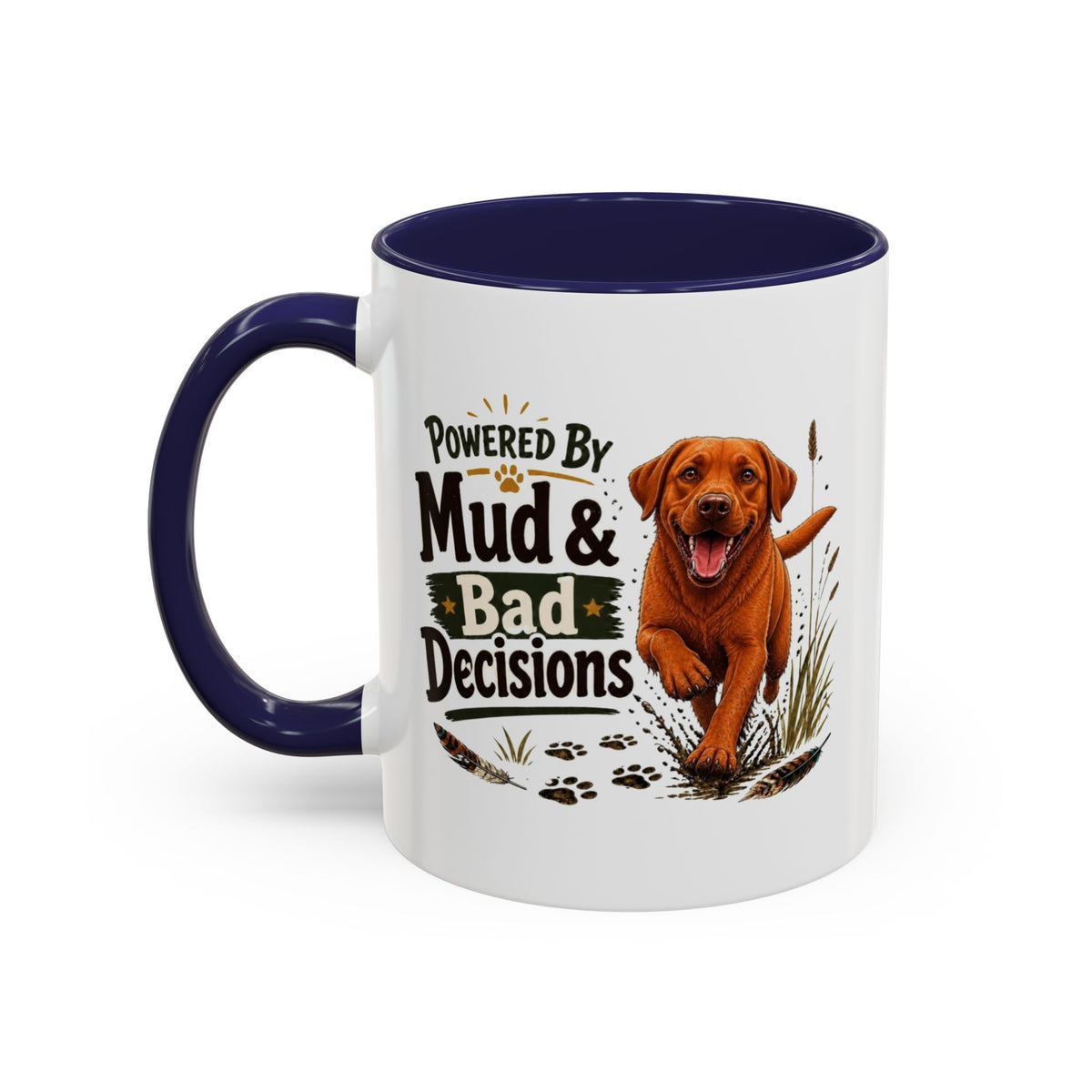 Funny Fox Red Labrador Mug - Powered By Mud & Bad Decisions, Muddy Dog Owner Gift, Gundog Lover Coffee Mug, 11oz