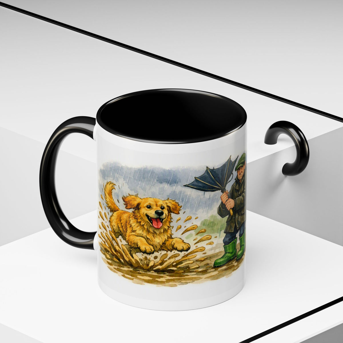 Rainy Walk Tea mug, man with golden dog on a muddy rainy walk – view 9