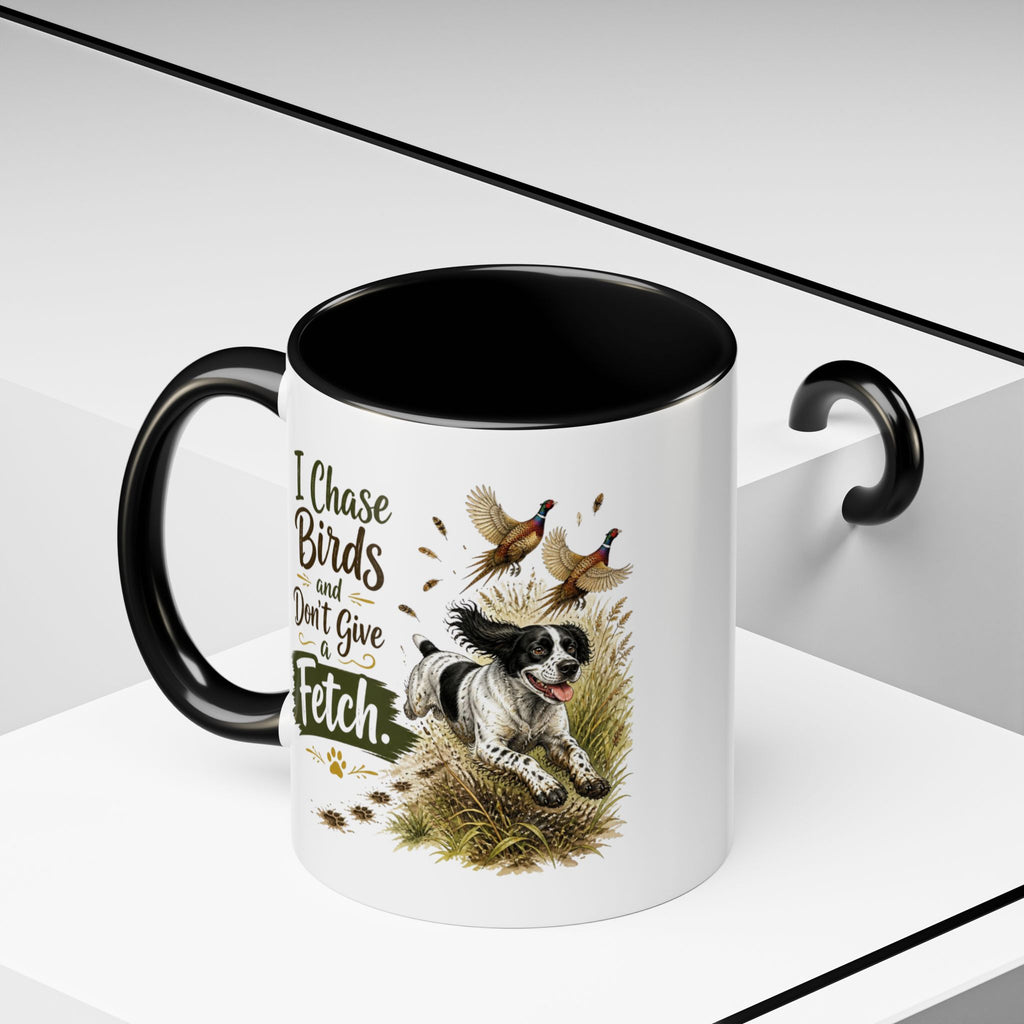 Funny Black and White Springer Spaniel Mug - I Chase Birds and Don't Give a Fetch, Working Gun Dog Gift, Pheasant Shooting Mug, 11oz