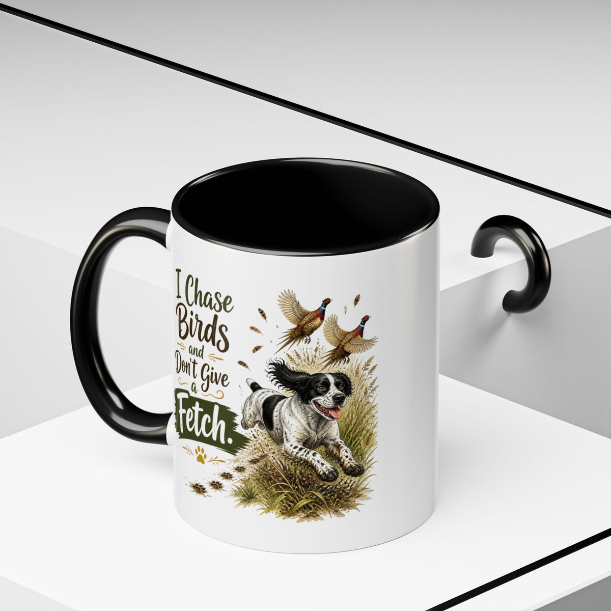 Funny Black and White Springer Spaniel Mug - I Chase Birds and Don't Give a Fetch, Working Gun Dog Gift, Pheasant Shooting Mug, 11oz