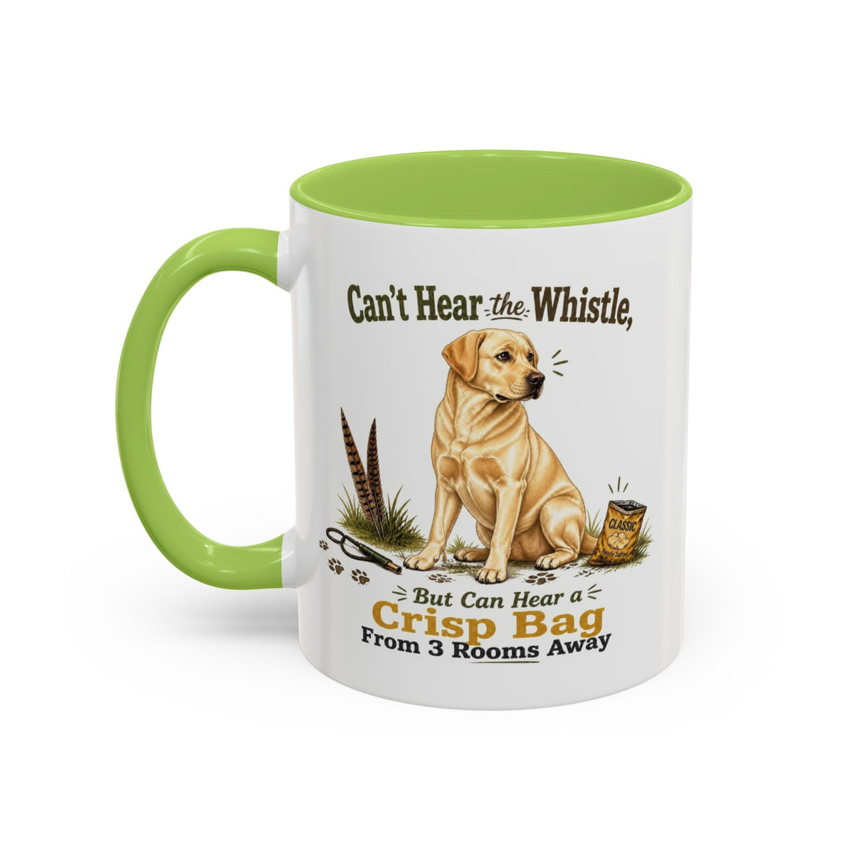 Funny Yellow Labrador Mug - Can't Hear the Whistle But Can Hear a Crisp Bag, Working Gun Dog Gift, Greedy Dog Mug, 11oz