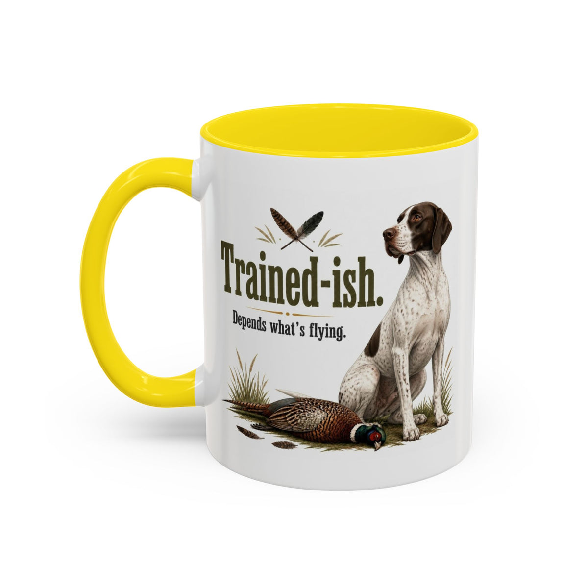 Funny English Pointer Mug - Trained-ish Depends What's Flying, Working Gun Dog Gift, Pheasant Shooting Mug, 11oz