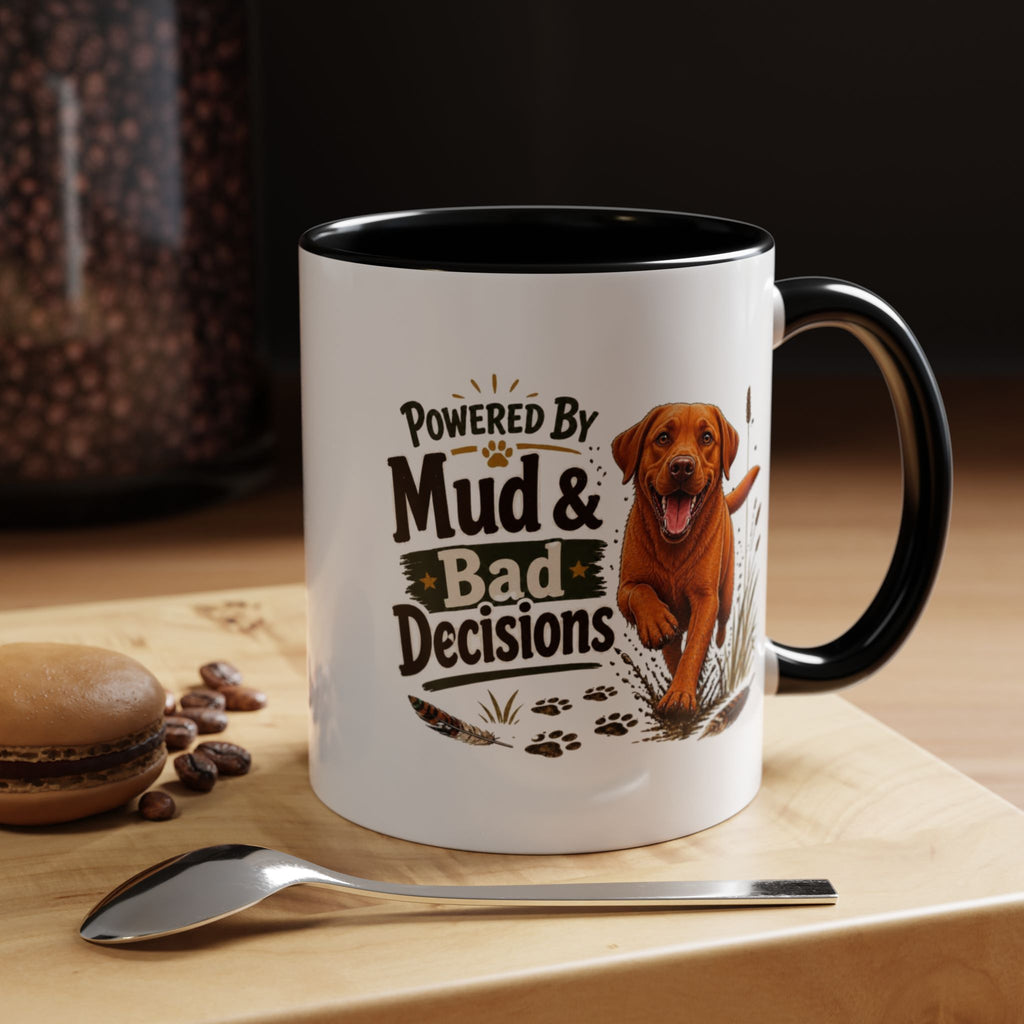 Funny Fox Red Labrador Mug - Powered By Mud & Bad Decisions, Muddy Dog Owner Gift, Gundog Lover Coffee Mug, 11oz