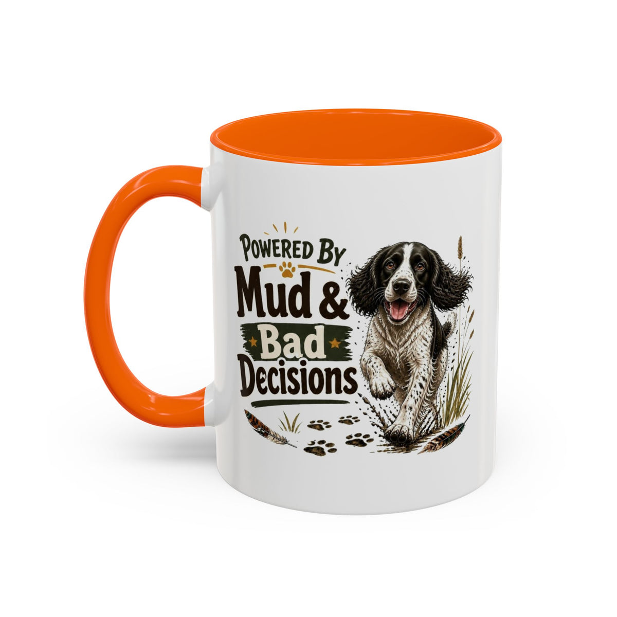Funny Black and White Springer Spaniel Mug - Powered By Mud & Bad Decisions, Muddy Dog Owner Gift, Gundog Lover Coffee Mug, 11oz