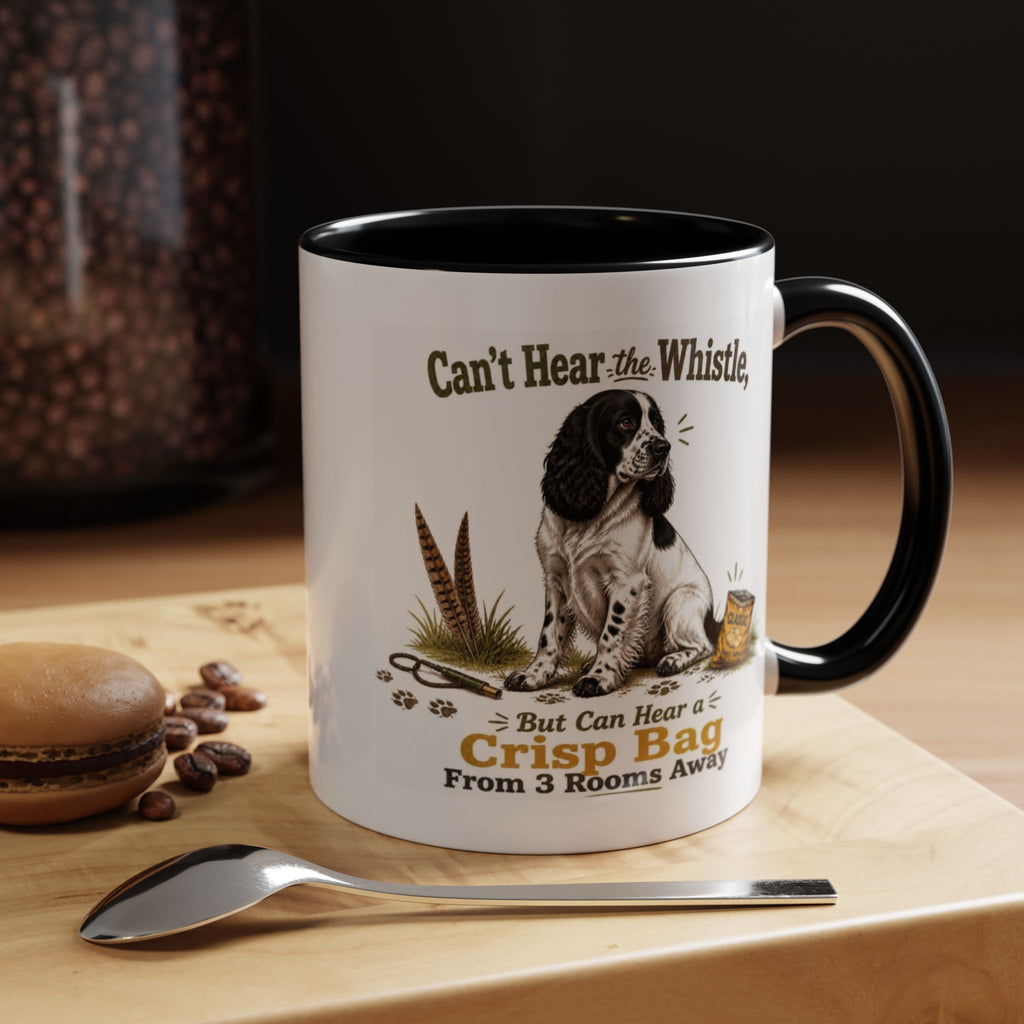 Funny Black and White Springer Spaniel Mug - Can't Hear the Whistle But Can Hear a Crisp Bag, Working Gun Dog Gift, Greedy Dog Mug, 11oz