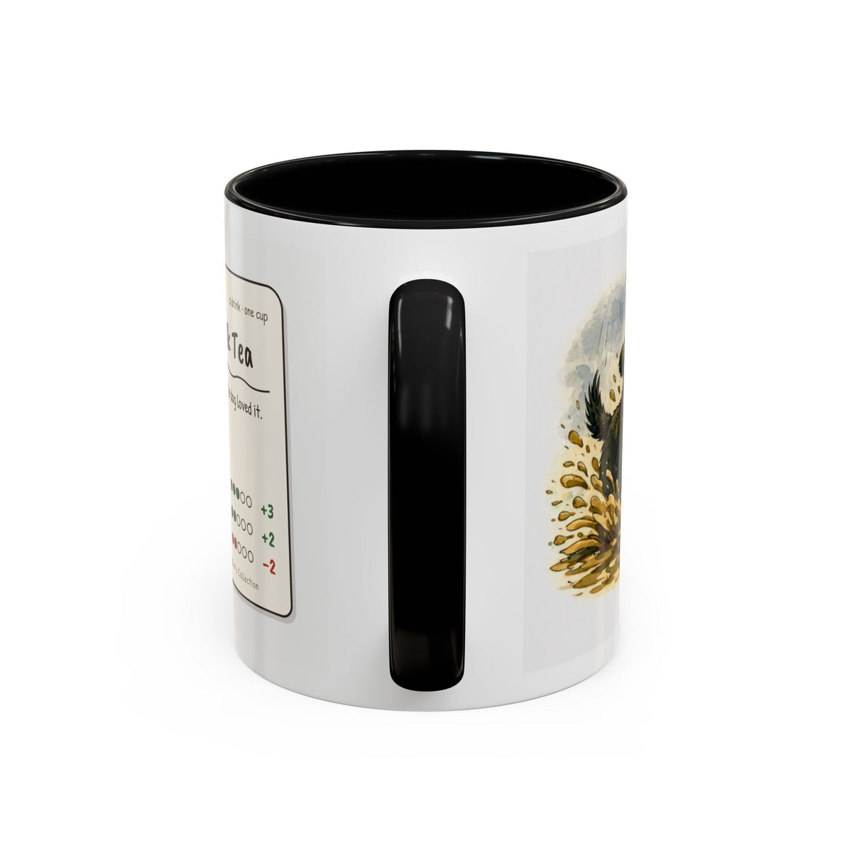 Rainy Walk Tea mug, woman with black dog on a muddy rainy walk – view 7
