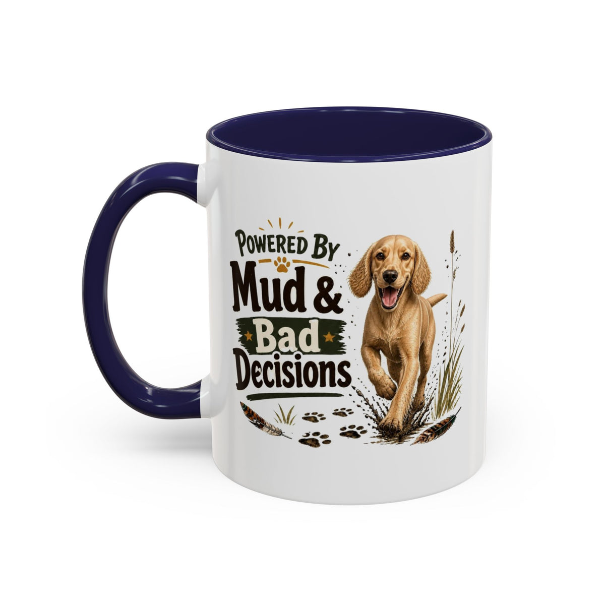 Funny Golden Cocker Spaniel Mug - Powered By Mud & Bad Decisions, Muddy Dog Owner Gift, Gundog Lover Coffee Mug, 11oz