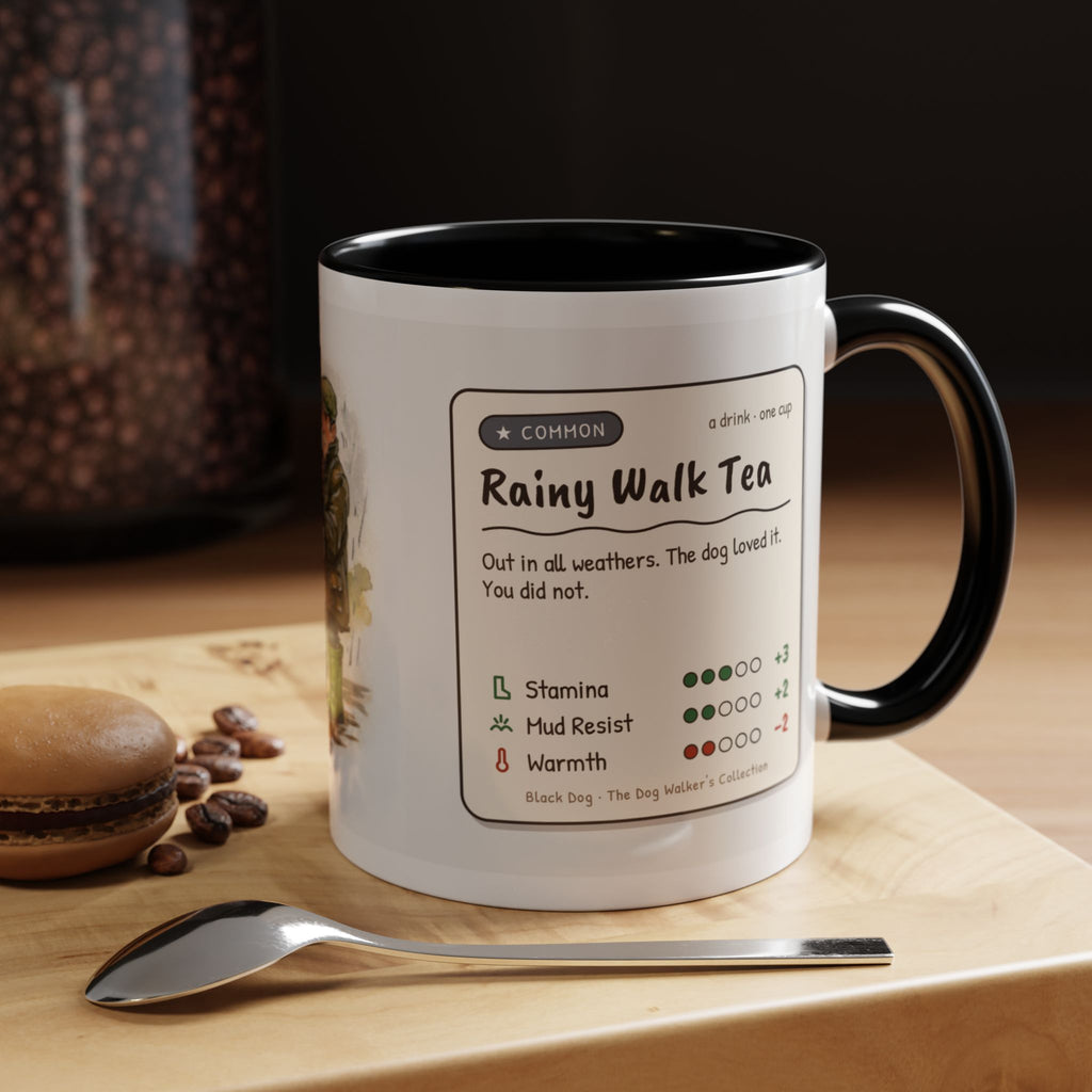 Rainy Walk Tea mug, man with black dog on a muddy rainy walk – view 8