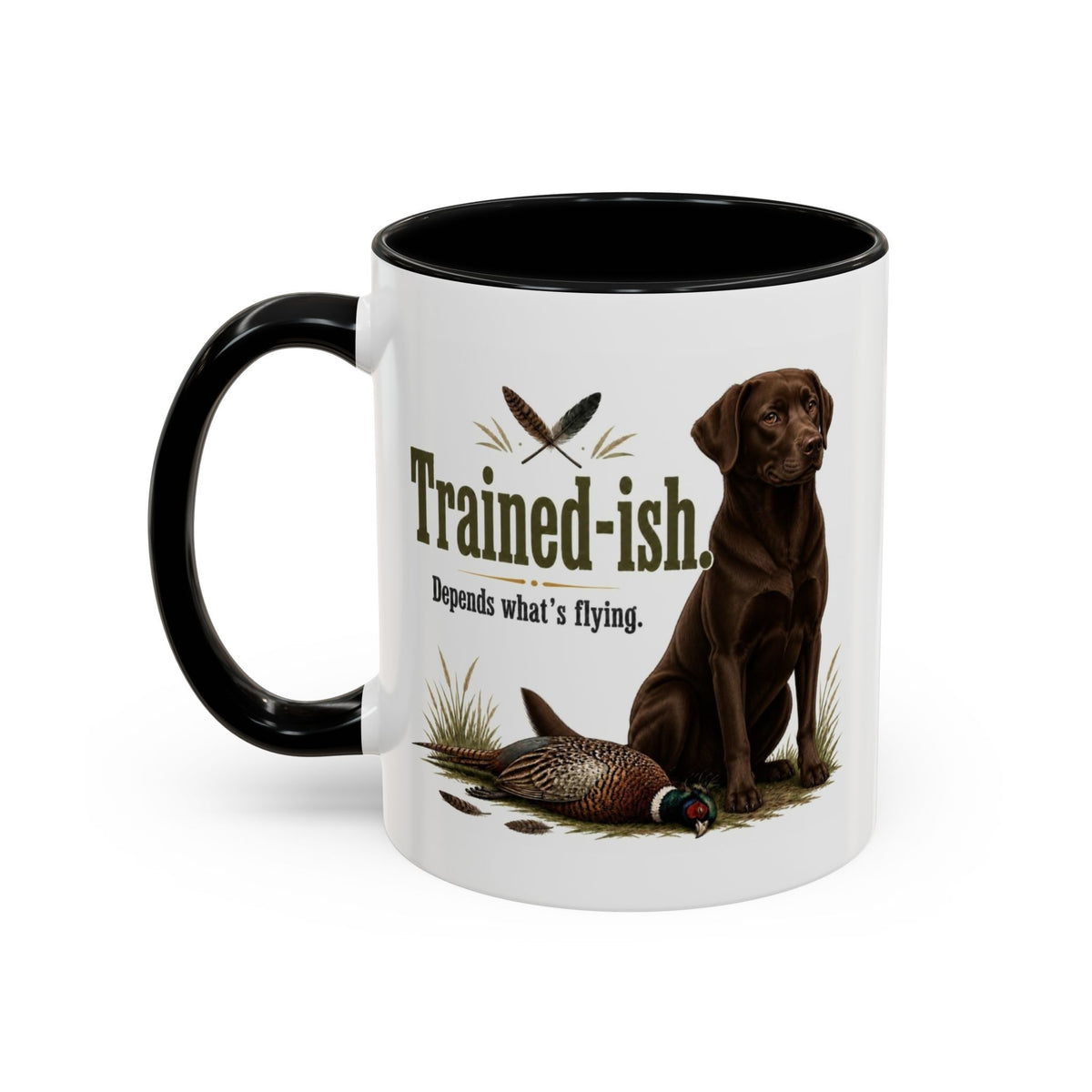 Funny Chocolate Labrador Mug - Trained-ish Depends What's Flying, Working Gun Dog Gift, Pheasant Shooting Mug, 11oz