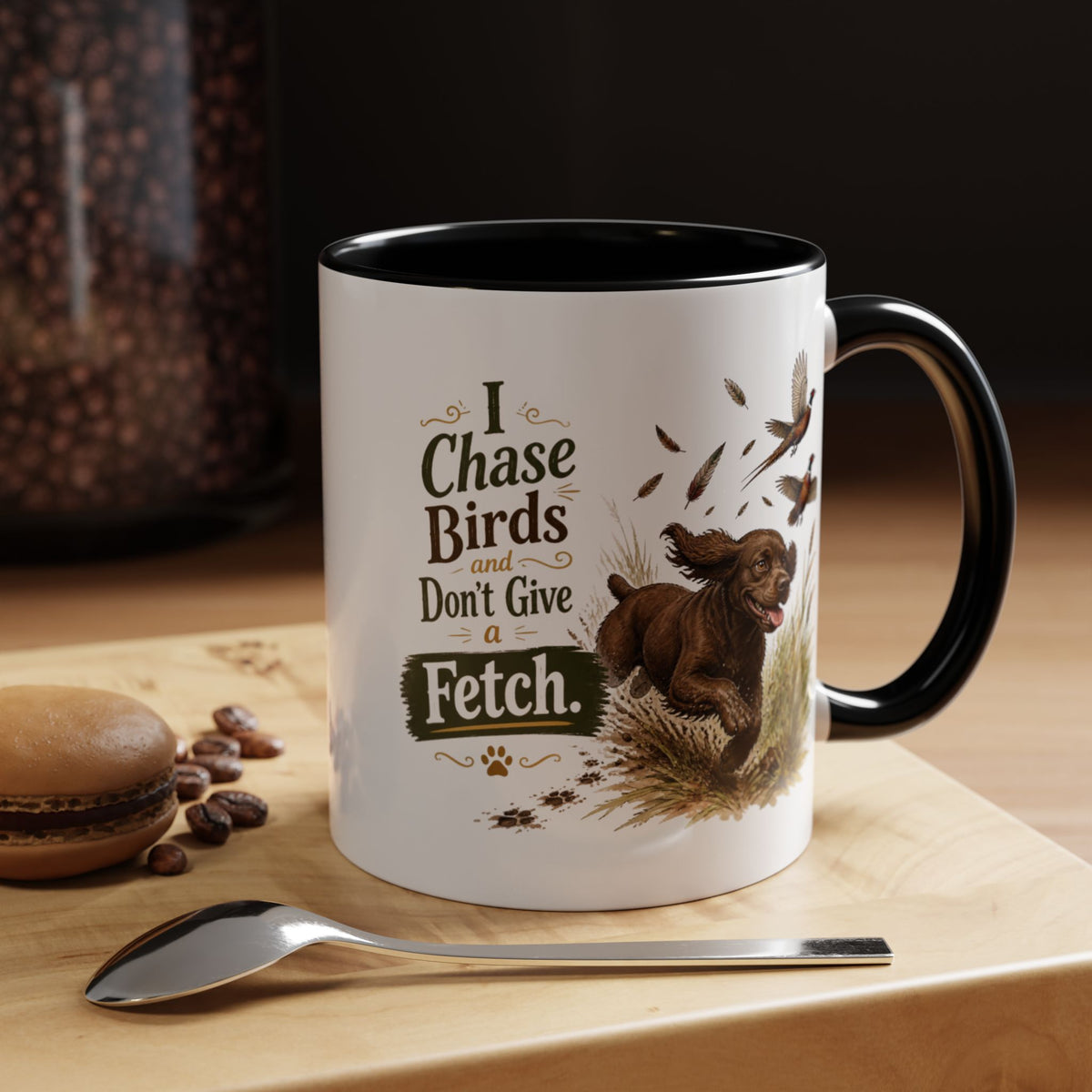 Funny Chocolate Cocker Spaniel Mug - I Chase Birds and Don't Give a Fetch, Working Gun Dog Gift, Pheasant Shooting Mug, 11oz