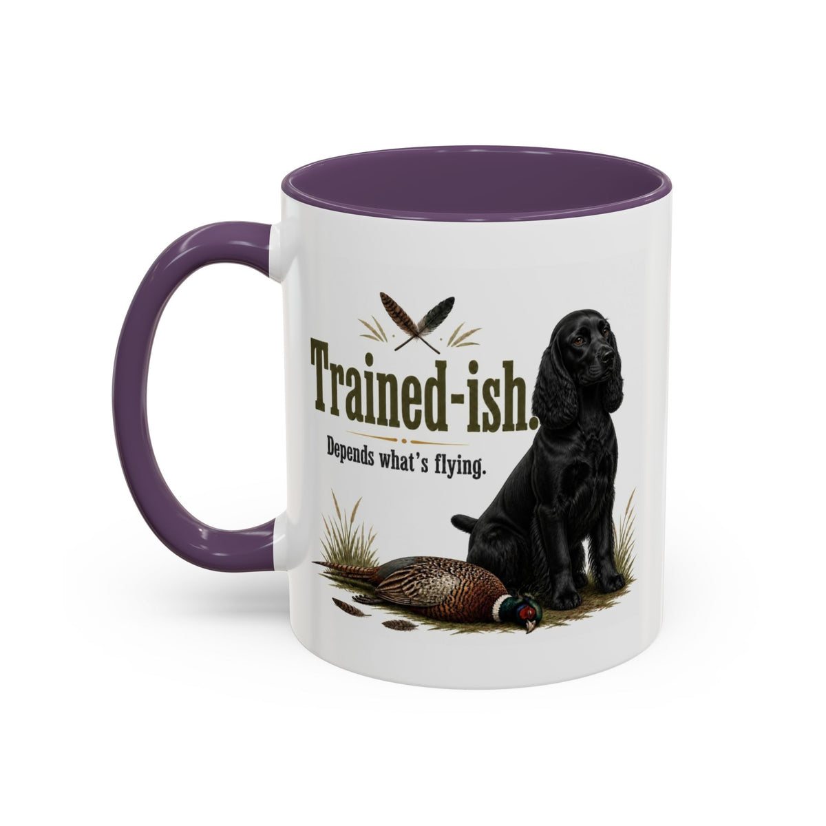 Funny Black Cocker Spaniel Mug - Trained-ish Depends What's Flying, Working Gun Dog Gift, Pheasant Shooting Mug, 11oz