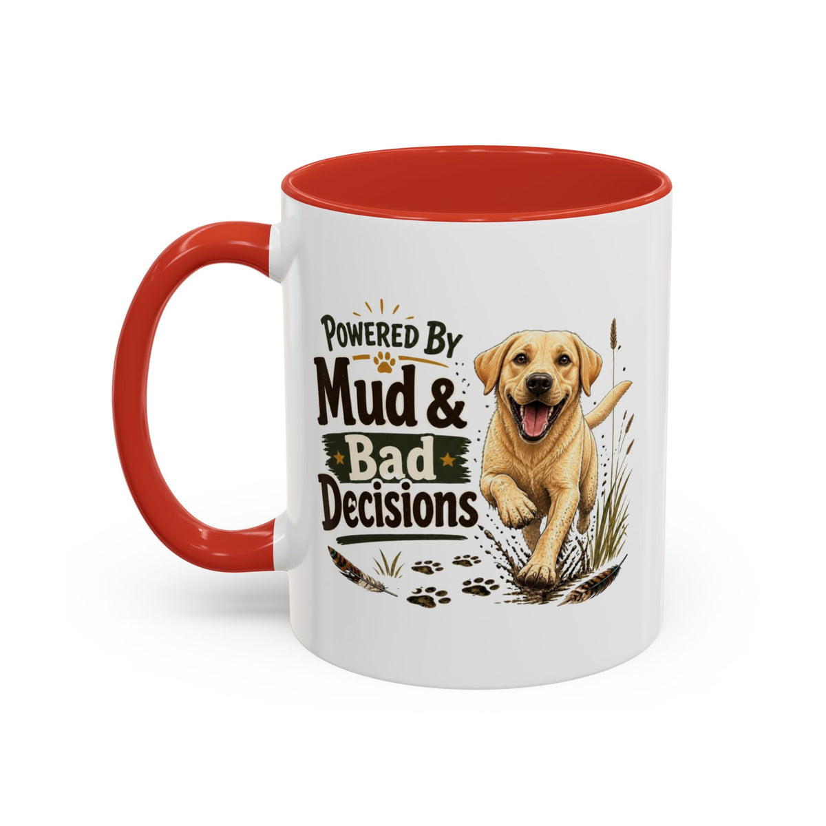 Funny Yellow Labrador Mug - Powered By Mud & Bad Decisions, Muddy Dog Owner Gift, Gundog Lover Coffee Mug, 11oz