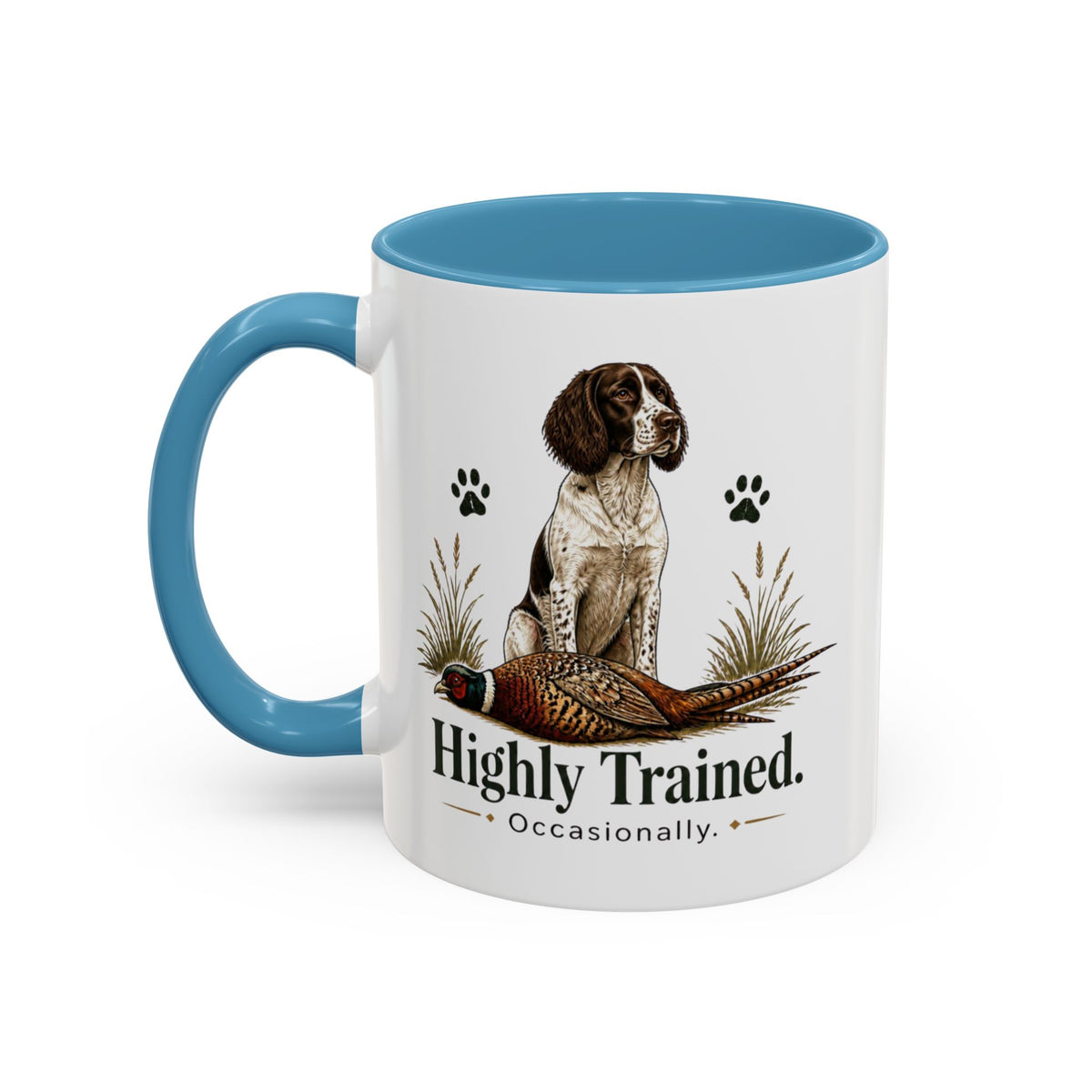 Funny Liver and White Springer Spaniel Mug - Highly Trained Occasionally, Gundog Owner Gift, Shooting Dog Lover Coffee Mug, 11oz