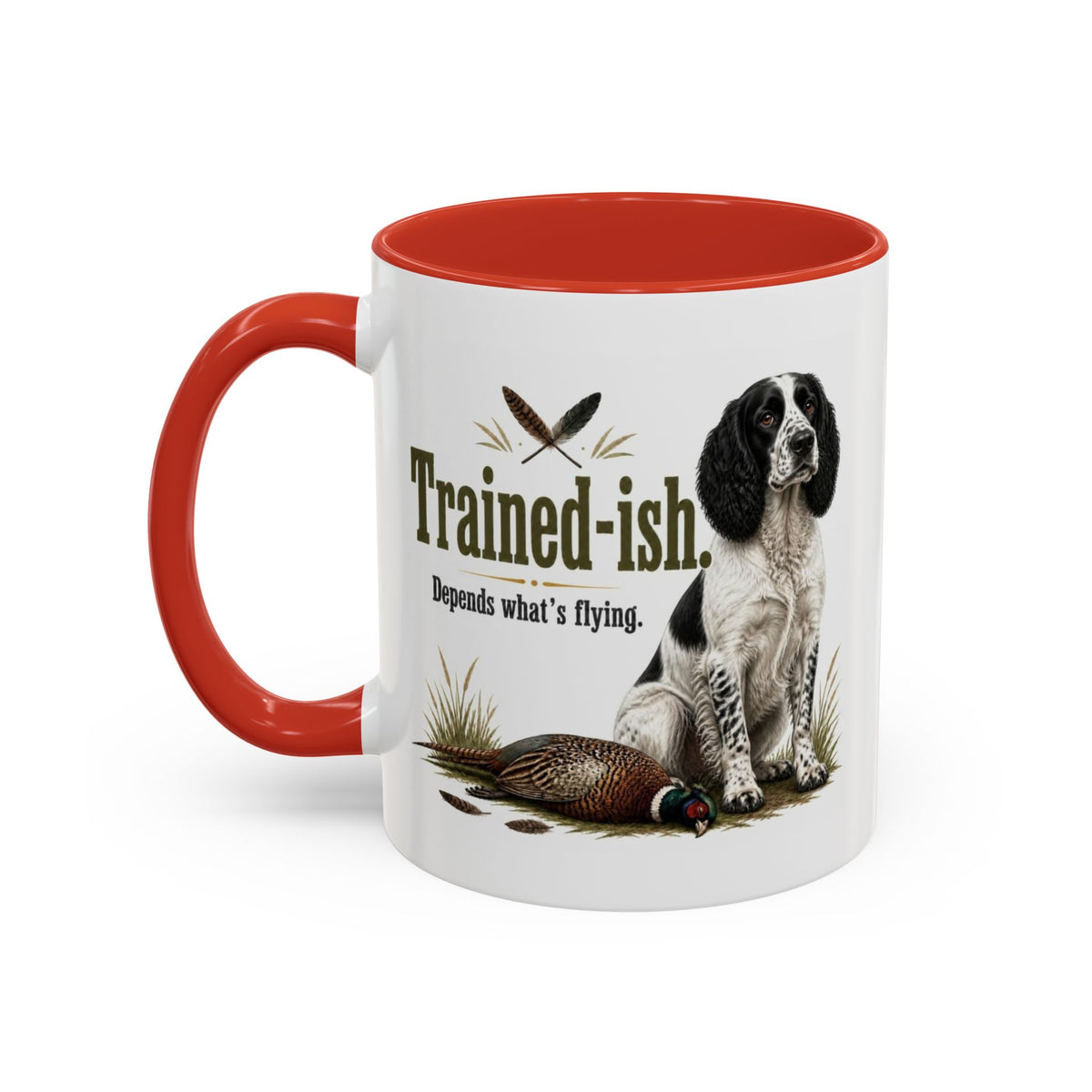 Funny Black and White Springer Spaniel Mug - Trained-ish Depends What's Flying, Working Gun Dog Gift, Pheasant Shooting Mug, 11oz