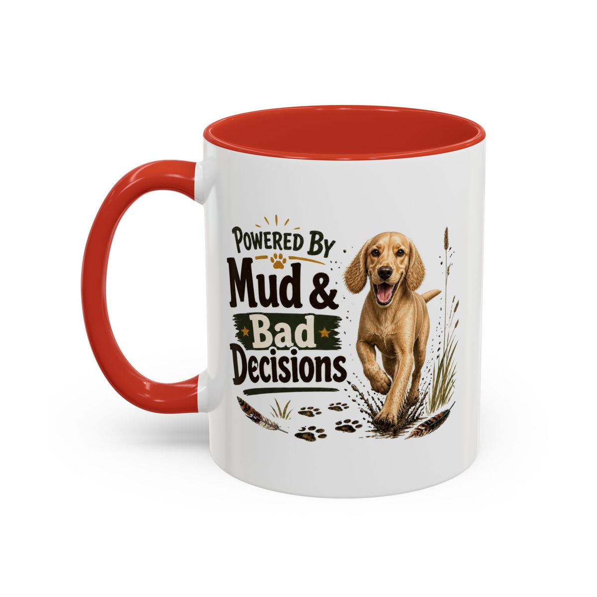 Funny Golden Cocker Spaniel Mug - Powered By Mud & Bad Decisions, Muddy Dog Owner Gift, Gundog Lover Coffee Mug, 11oz