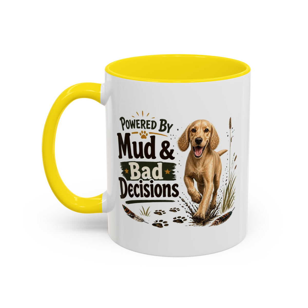 Funny Golden Cocker Spaniel Mug - Powered By Mud & Bad Decisions, Muddy Dog Owner Gift, Gundog Lover Coffee Mug, 11oz